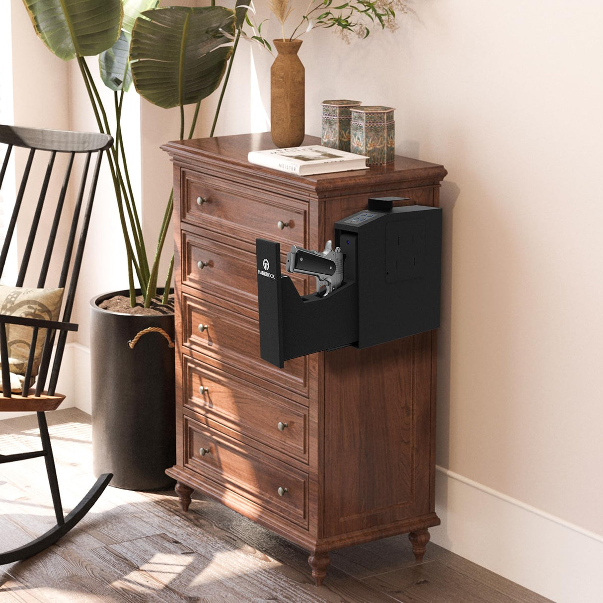 HARDROCK Biometric Slider Gun Safe for Handgun,Hidden Fingerprint Gun Safe Box for Home Nightstand Desk Bedside,Wall Mounted Lock Quickly Access Sliding Door Pistol safes,PIN Code Key HARDROCK