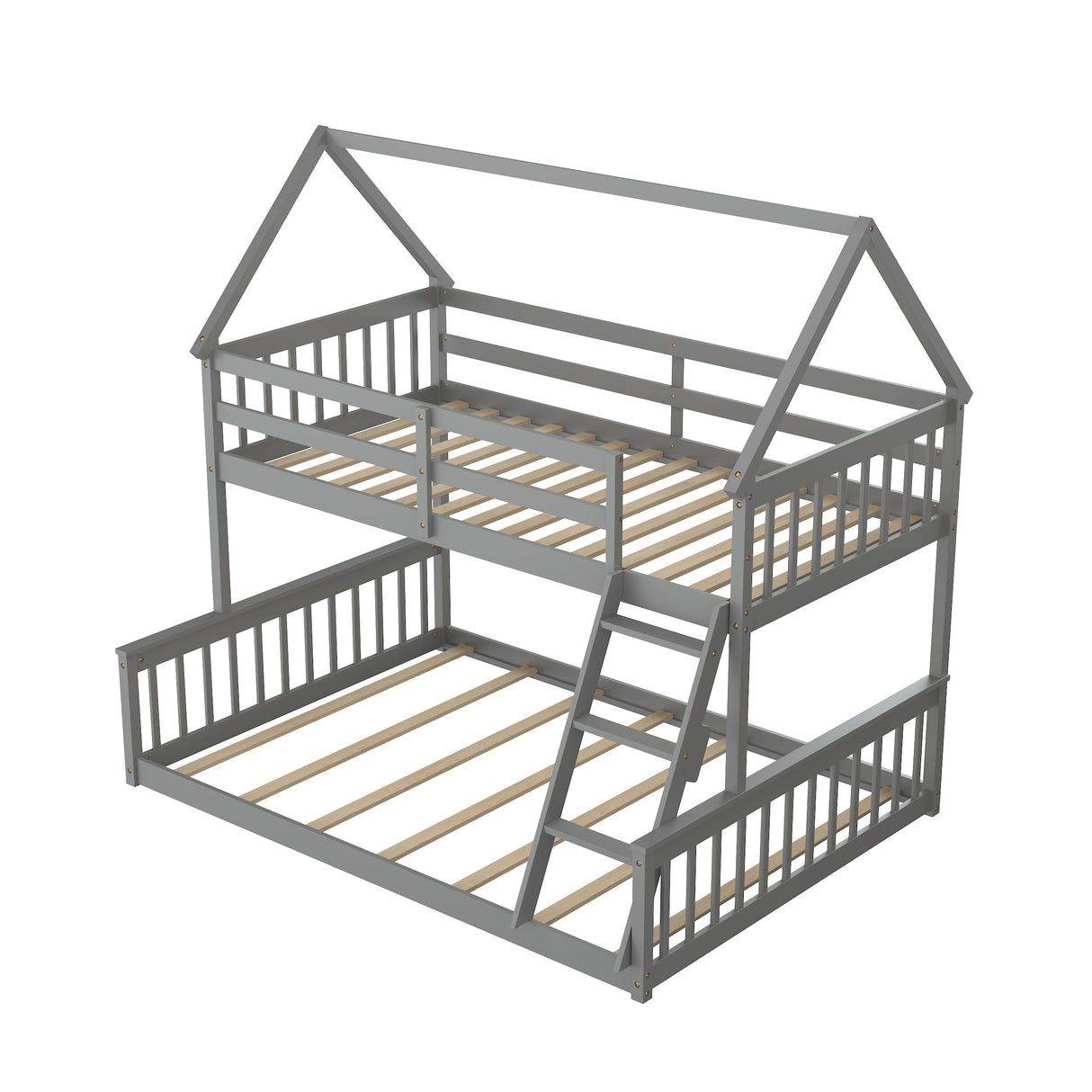 KOMFOTT Grey Twin Over Full House Bunk Bed with Integrated Ladder and Safety Guardrails KOMFOTT