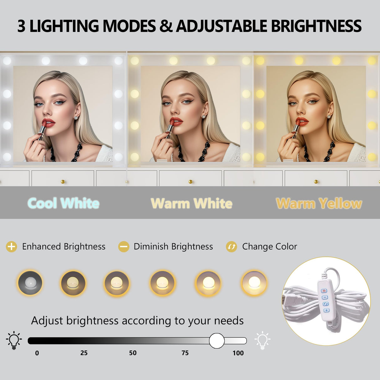 Makeup Vanity Desk with Mirror and Lights, Glass Top Vanity Table Set with Drawers & Power Outlet, Large Dressing Table with 3 Color Lighting Modes & RGB Cabinets for Women Girls Kids Bedroom, White Xixini