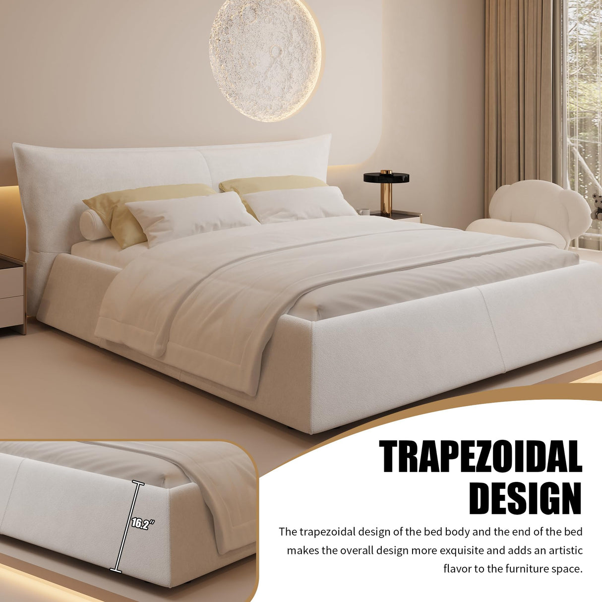 SmartEdge King Size Cloud Bed Frame with Oversized Soft Velvet Thick Headboard, Modern Luxury King Size Upholstered Platform Bed, Elegant Design Soft Bedframe, No Box Spring Needed, Cream SmartEdge