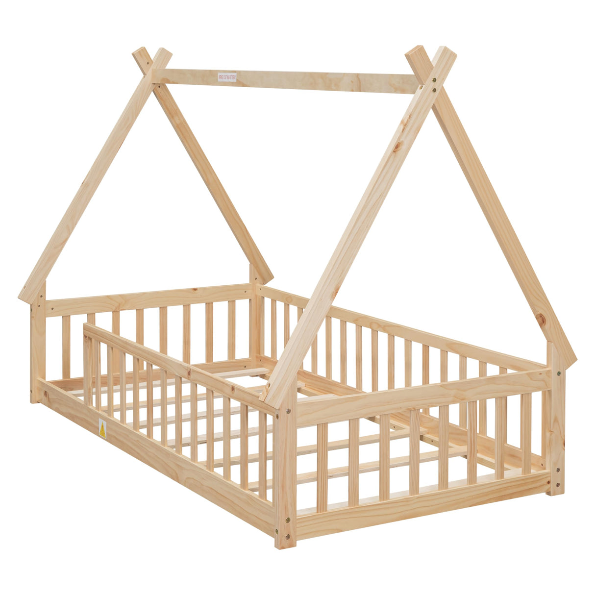 Mirightone Floor Bed for Kids, Twin Size Teepee Tent Beds, Montessori Floor Bed with Slats and Fence Rails, Wood House Bed Frame for Boys Girls, Natural Mirightone