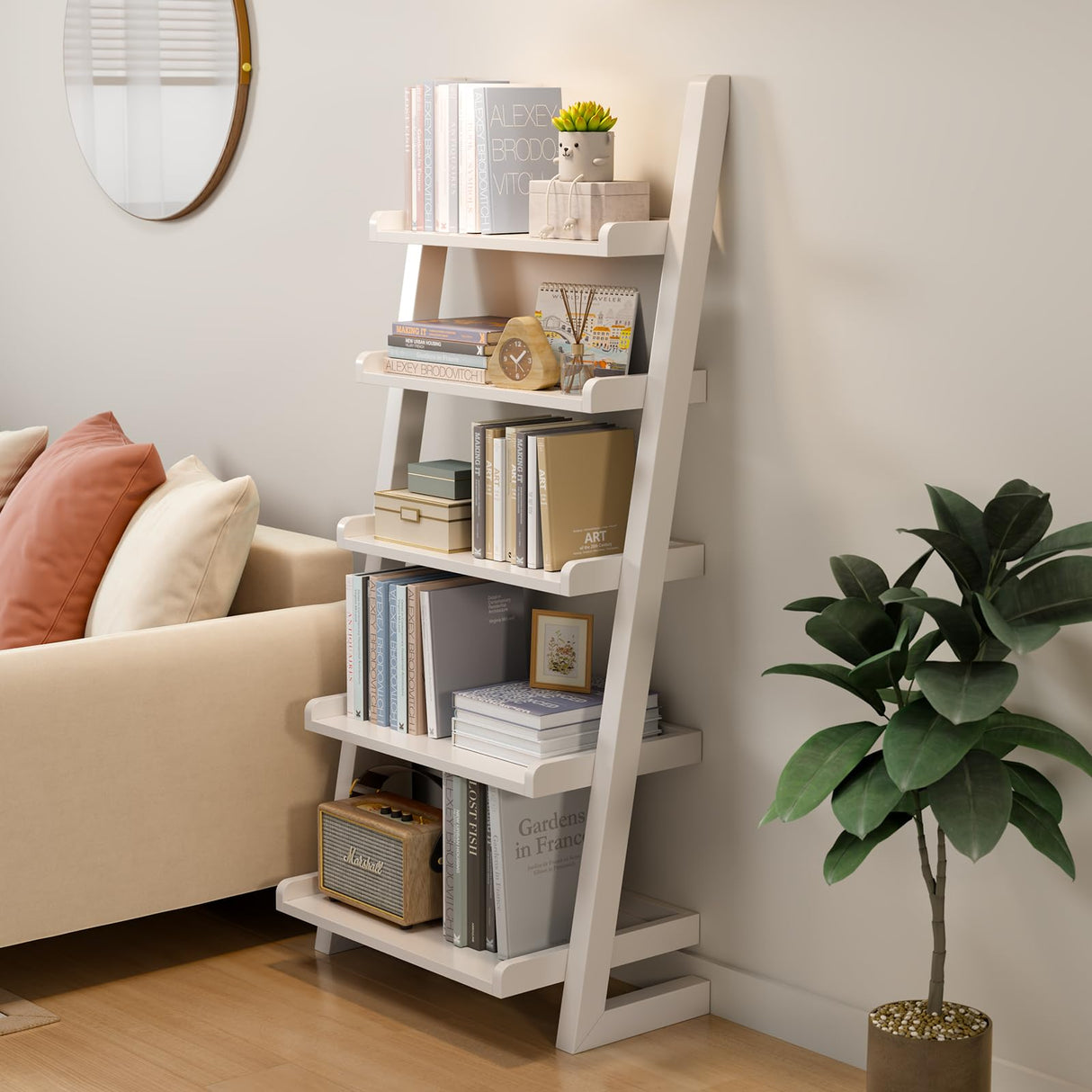 AQIMUELE White Wooden Ladder Shelf with Edges, 5-Tier Modern Leaning Bookshelf Ladder – Stylish Space-Saving Bookcase for Living Room, Bedroom & Home Office AQIMUELE