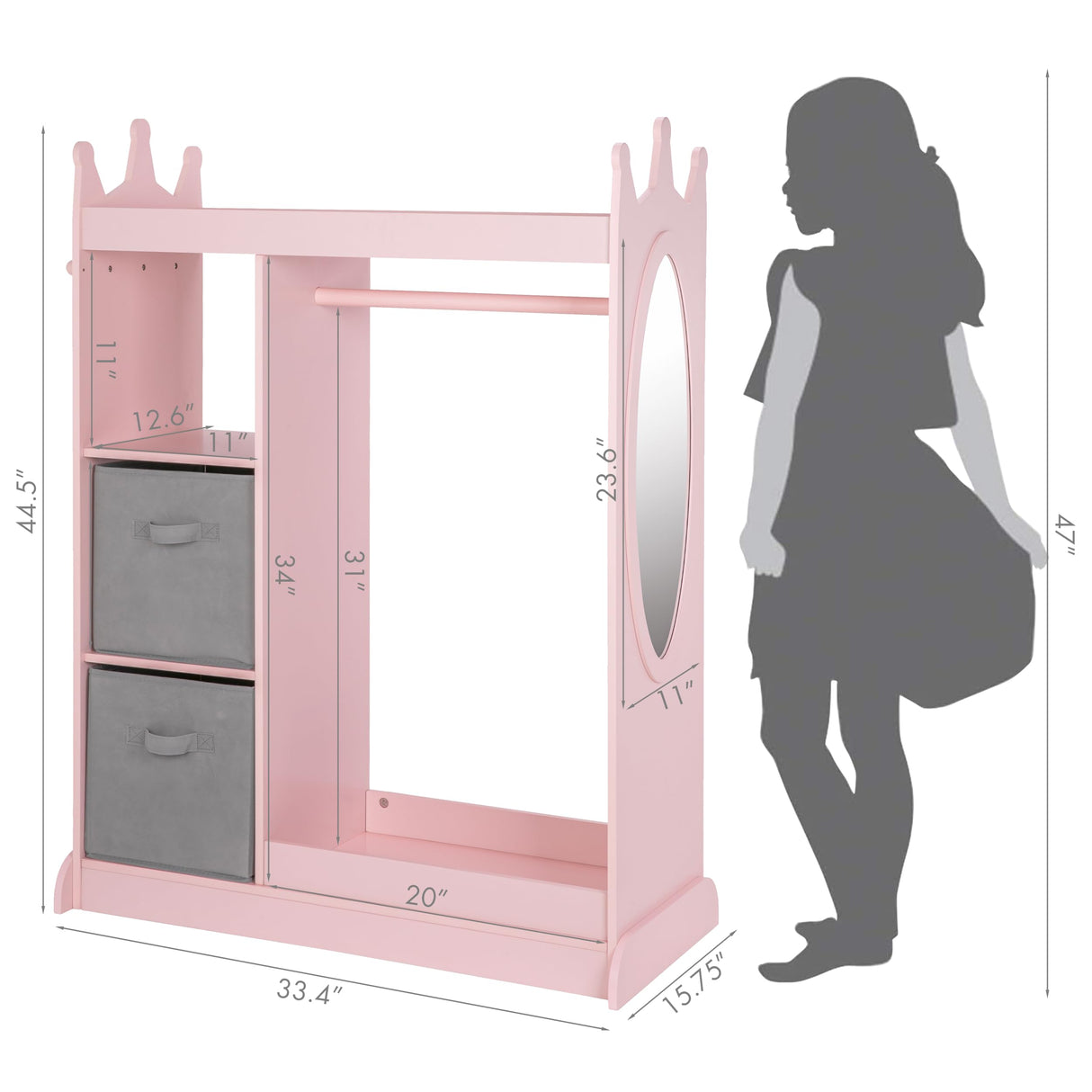 UTEX Kids Armoire Wardrobe Closet with Mirror and Storage Bin, Pink, 33.4 in W x 15.75 in D x 44.5 in H UTEX