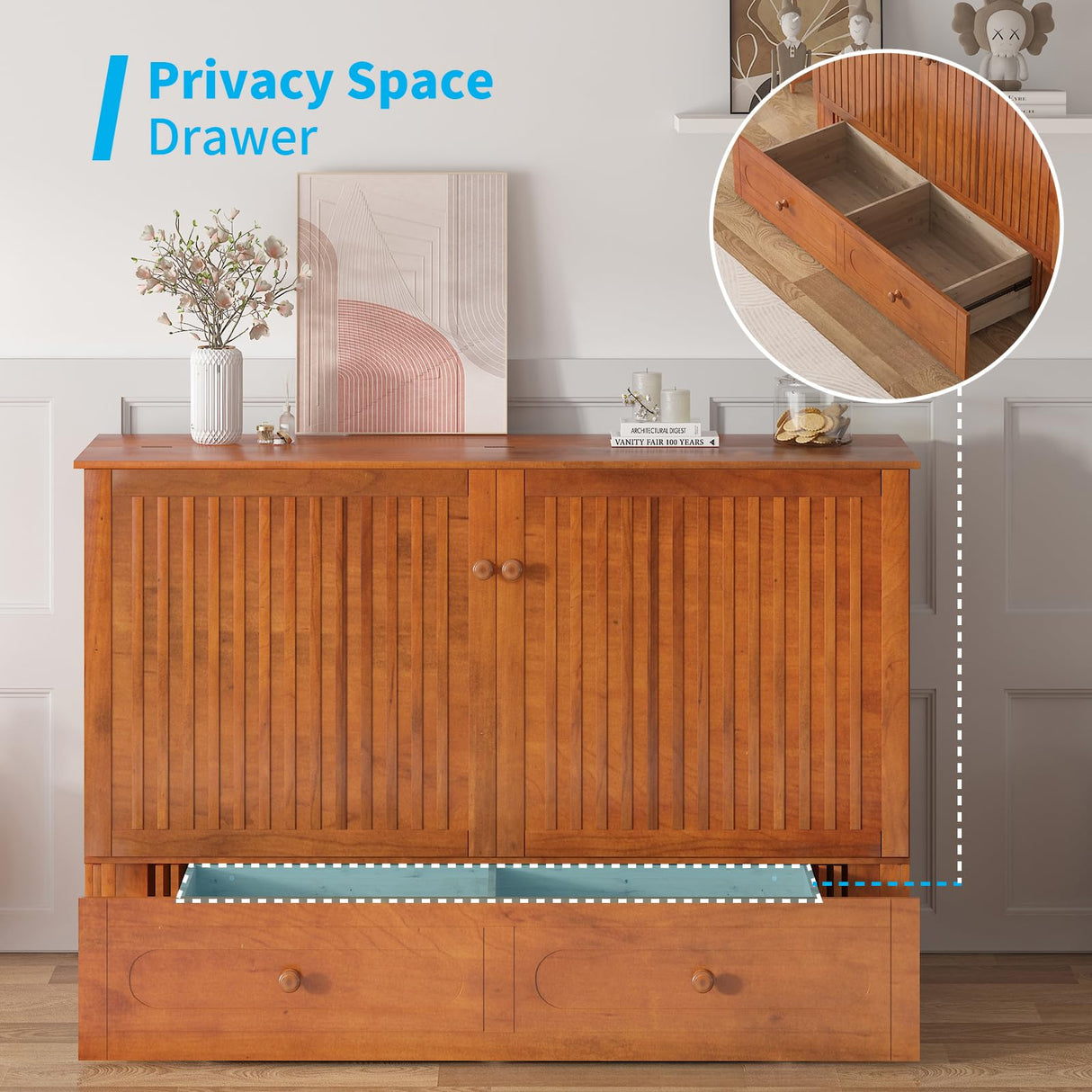 Mjkone Queen Size Murphy Bed Cabinet with Drawers and USB Charging Station, Wooden Versatile Wood Chest Cabinet Wall Bed with Tri-Fold Mattress, Modern Guest Beds for Bedroom Home Apartment - Cherry Mjkone