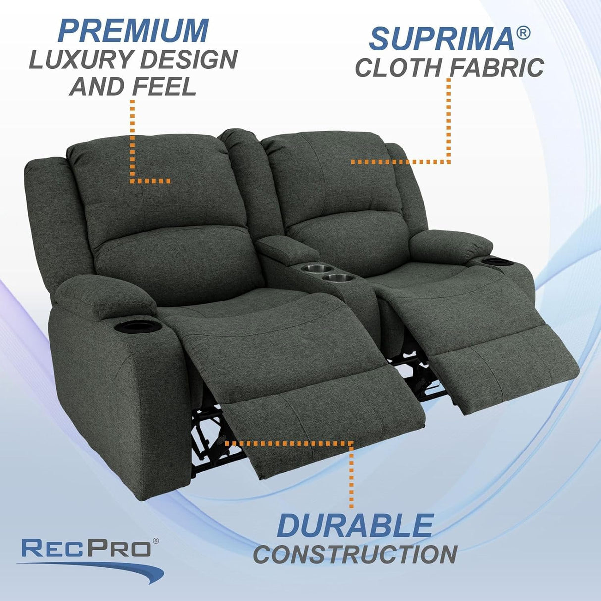 RecPro Charles Powered Double Recliner Sofa & Loveseat | Wall Hugger RV Furniture | Cloth (Fossil, 64") RecPro