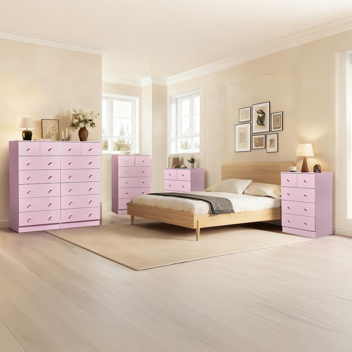Karl home Dresser for Bedroom, Modern Wood Dresser Chest of Drawers, Bedroom Dressers Nightstand, Anti-Tipping Device, Rose Gold Metal Handle, Living Room, Hallway, Office (Pink-5 Drawer) Karl home