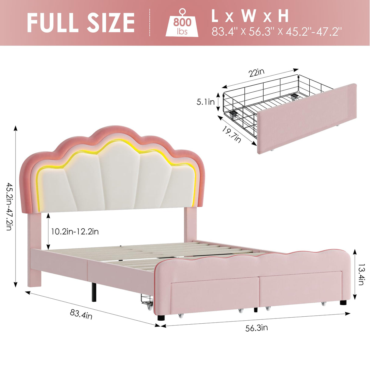 HOSTACK Full Upholstered LED Bed Frame with Storage Drawers, Cute Girls Bed with Adjustable Lotus Headboard, Velvet Princess Platform Bed Frame, Wooden Slats Support, No Box Spring Needed, Pink/Beige HOSTACK