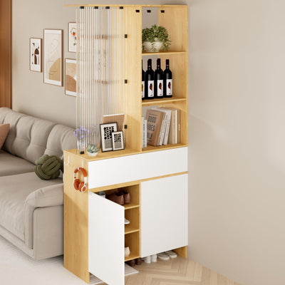 Freestanding Room Divider Cabinet with Storage, Glass & Wooden Book Shelf, Adjustable Shelves Shoe Storage Organizer for Entryway, Living Room, Dining Room, Partition Screen Privacy Wall Divider