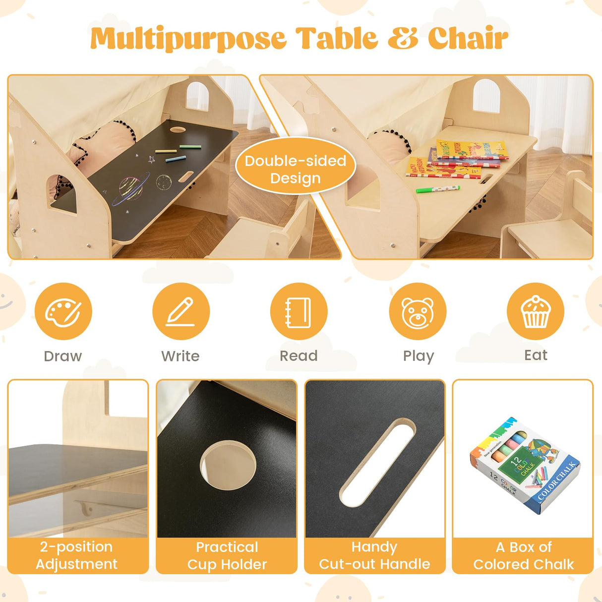 Costzon Large Kids Tent, 6-in-1 Wooden Frame Play House with Table and Chair Set, Blackboard, 6 Storage Bins & Soft Floor Mat, Indoor Playhouse for Costzon