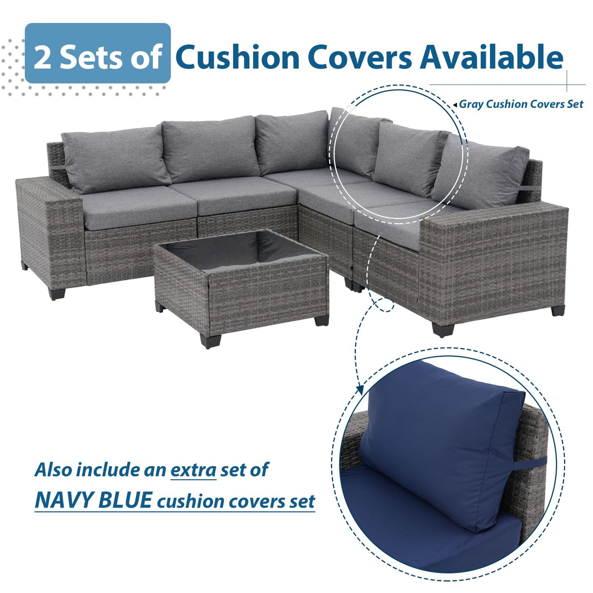 JOIVI 6 Pieces Outdoor Patio Furniture Set, Rattan Patio Sectional Sofa Conversation Set with Coffee Table, PE Wicker L-Shaped Sofa Set with Cushions for Garden, Backyard, Deck, Gray JOIVI