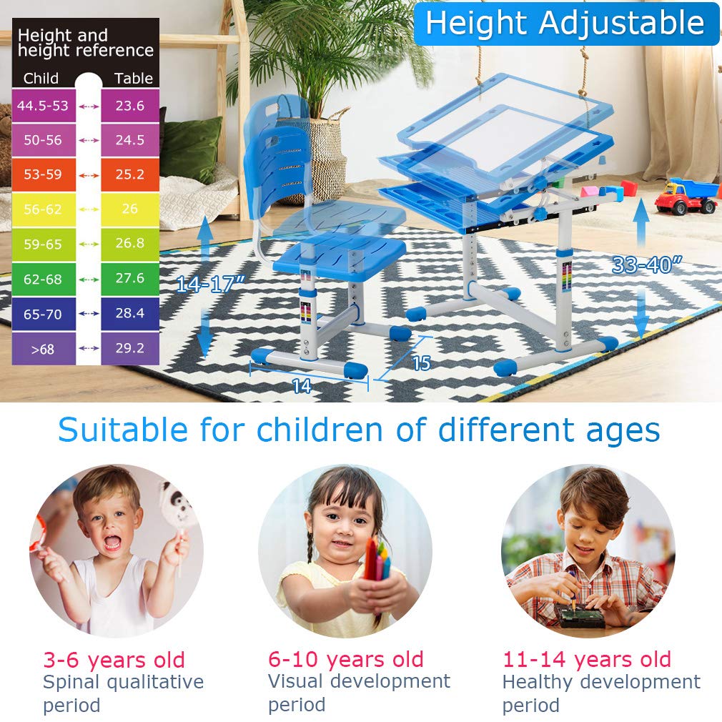 FDW Kids Desk and Chair Set, Height Adjustable Multifunctional Student Study Desk Kids Art Table Children's Chair Set with Storage Drawer 45°Tilted Desktop for Boys&Girls,Blue FDW