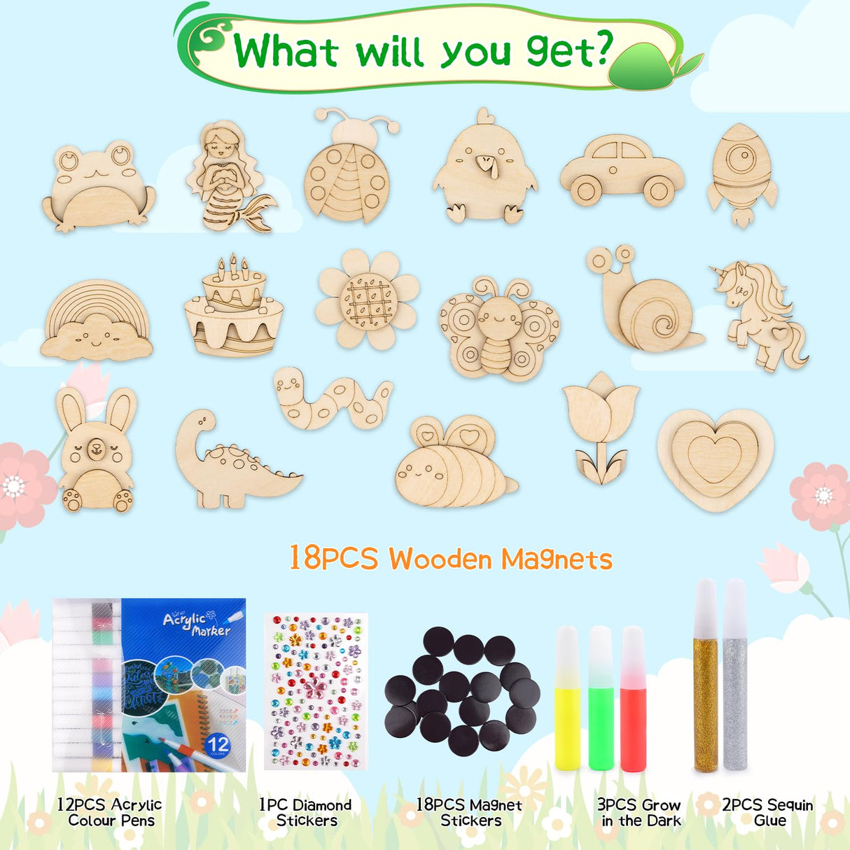 GEWUJATOP 18 Wooden Magnet Set,Wooden Art Craft Supplies Painting Kit for Kids,Easter Basket Stuffers,Classroom Exchange Gift for Boys Girls,Party Favors Crafts Birthday Gifts for Kids GEWUJATOP