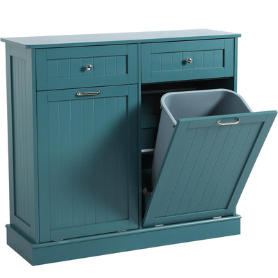 KIGOTY Double Tilt Out Trash Cabinet, Pet Proof Trash Can Cabinet with Countertop and Drawer, Trash Cabinet with Storage,Wooden Laundry Hamper for Kitchen, Teal Blue