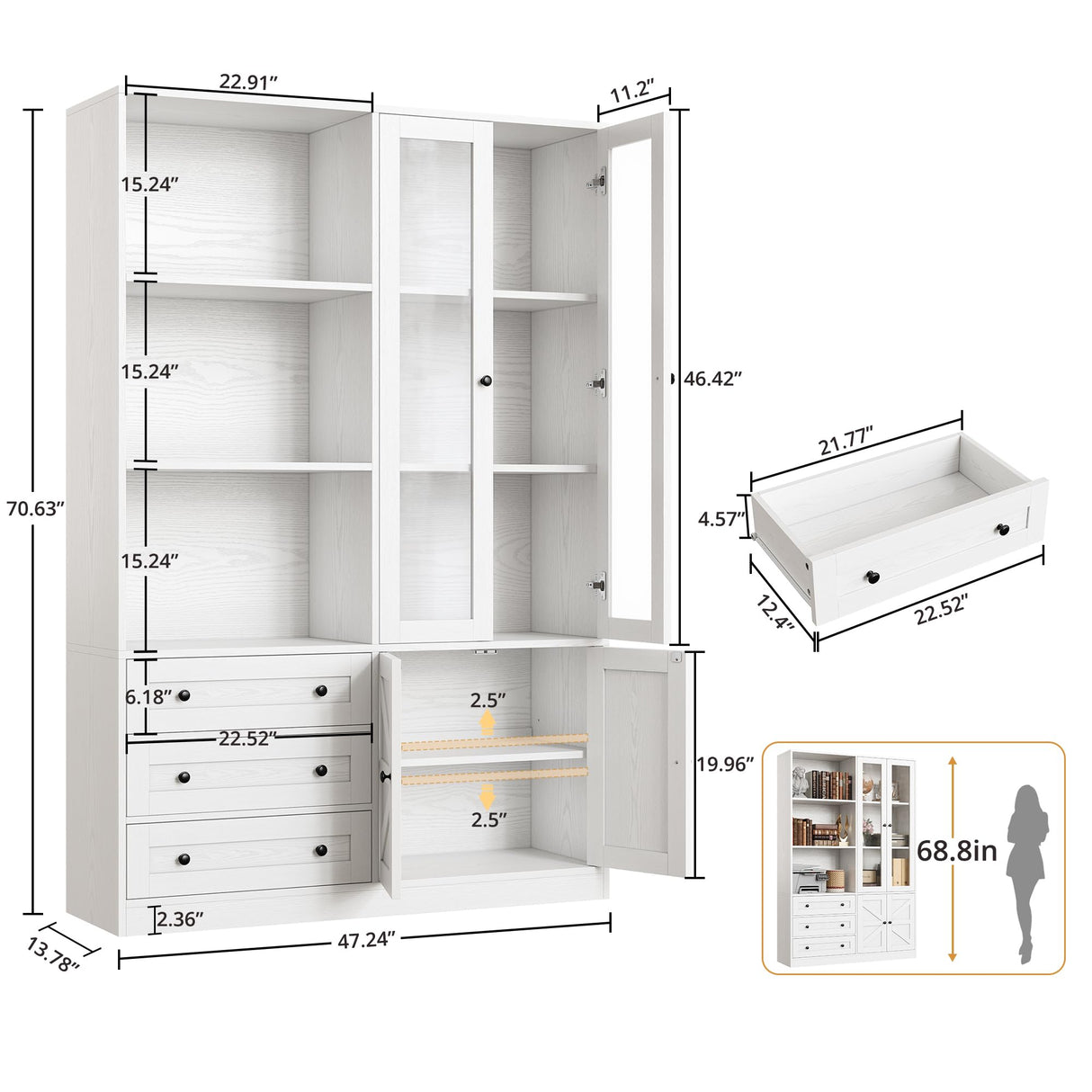 IRONCK Bookshelf with Drawers, 70.63 inch Tall Bookcase with Farmhouse Doors, 6 Tiers Book Shelf with Acrylic Doors, Bookshelves and Bookcases for Home Office, Living Room, Bedroom, White IRONCK