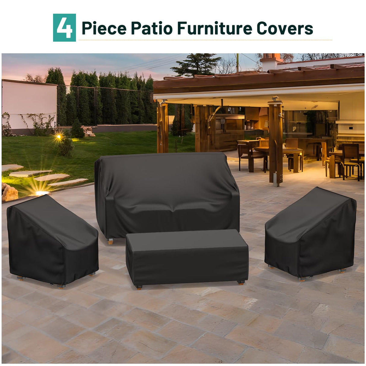 Mrrihand Patio Furniture Covers, 4 Piece Outdoor Furniture Cover Waterproof includ Ourdoor Sofa Cover, 2 Chair Covers, Coffee Table Cover with Windproof Buckle Strap and Adjustable Drawstring Mrrihand