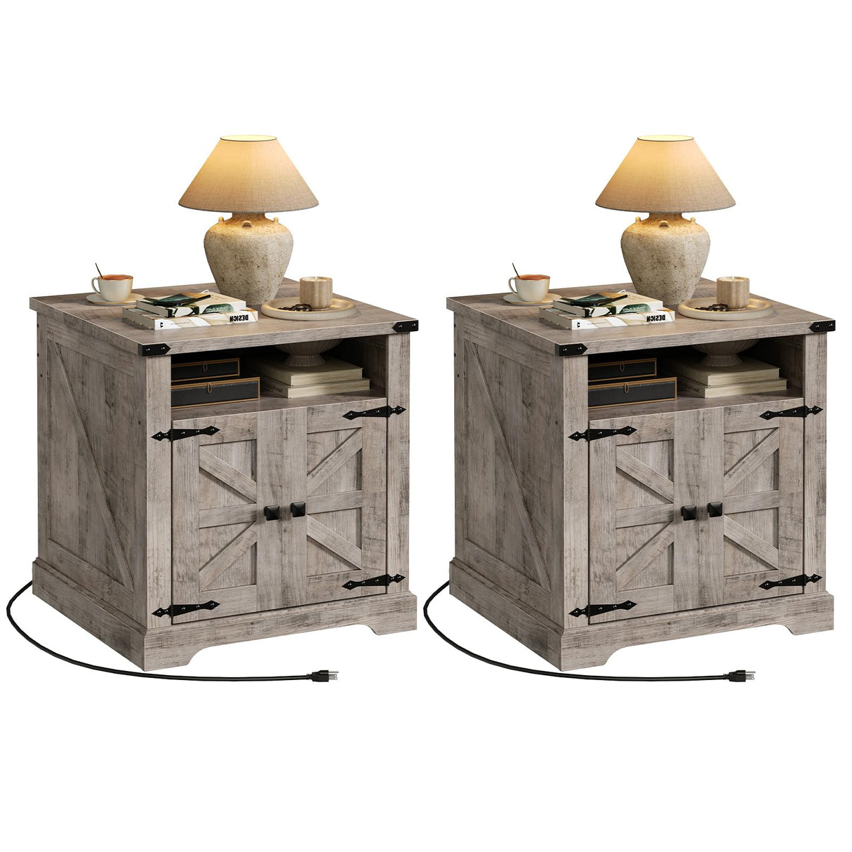 HOOBRO Farmhouse End Table Set of 2, Flip Top Large End Table with Charging Station, 23.6" Large Sofa Side Table with Barn Door, Square Nightstand with Open Storage, for Living Room, Greige HOOBRO