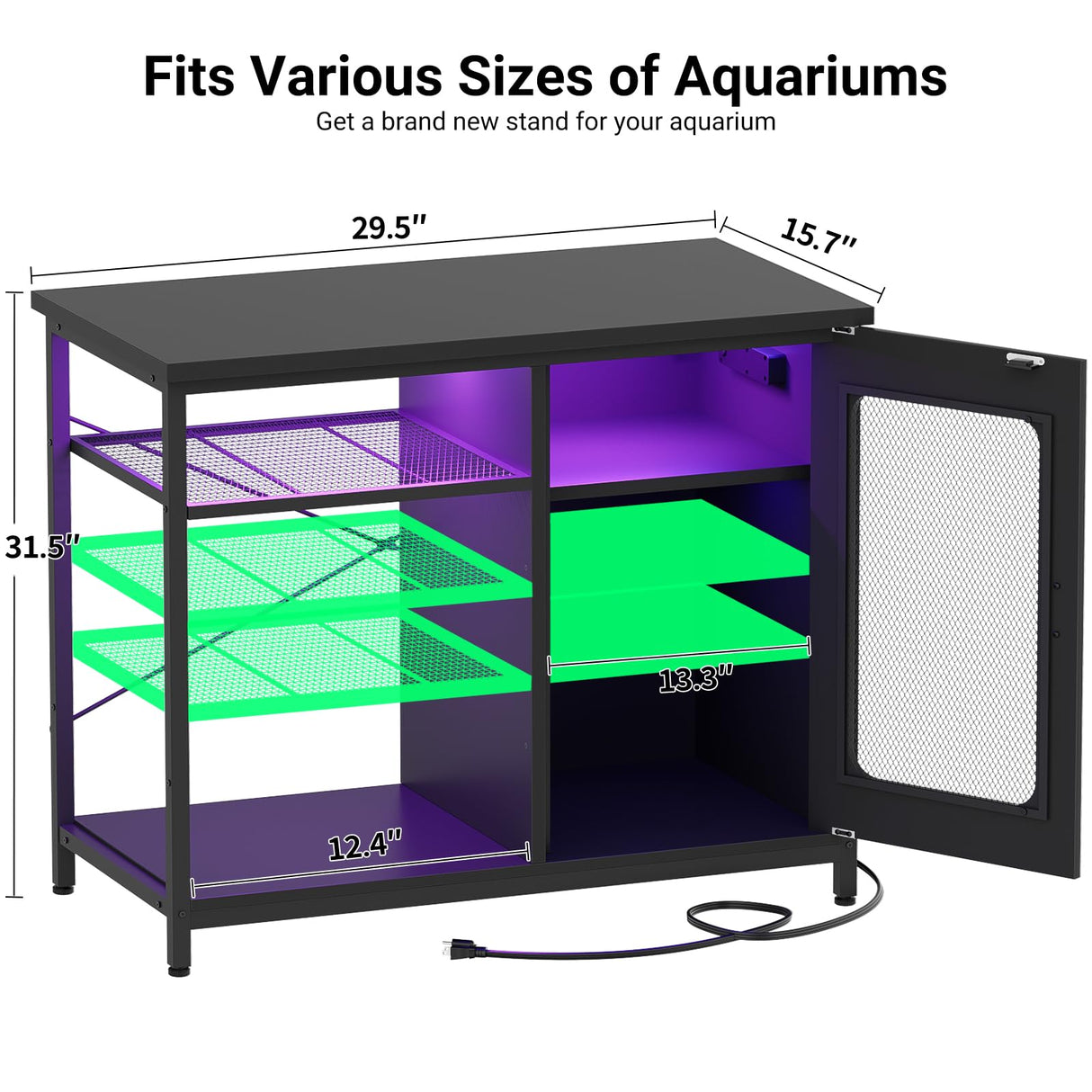 Unikito 20-29 Gallon Fish Tank Stand with Power Outlets & LED Light, Reversible Metal Aquarium Stand with Cabinet for Fish Tank Accessories Storage, Suitable for Reptile Terrarium, Turtle Tank, Black Unikito
