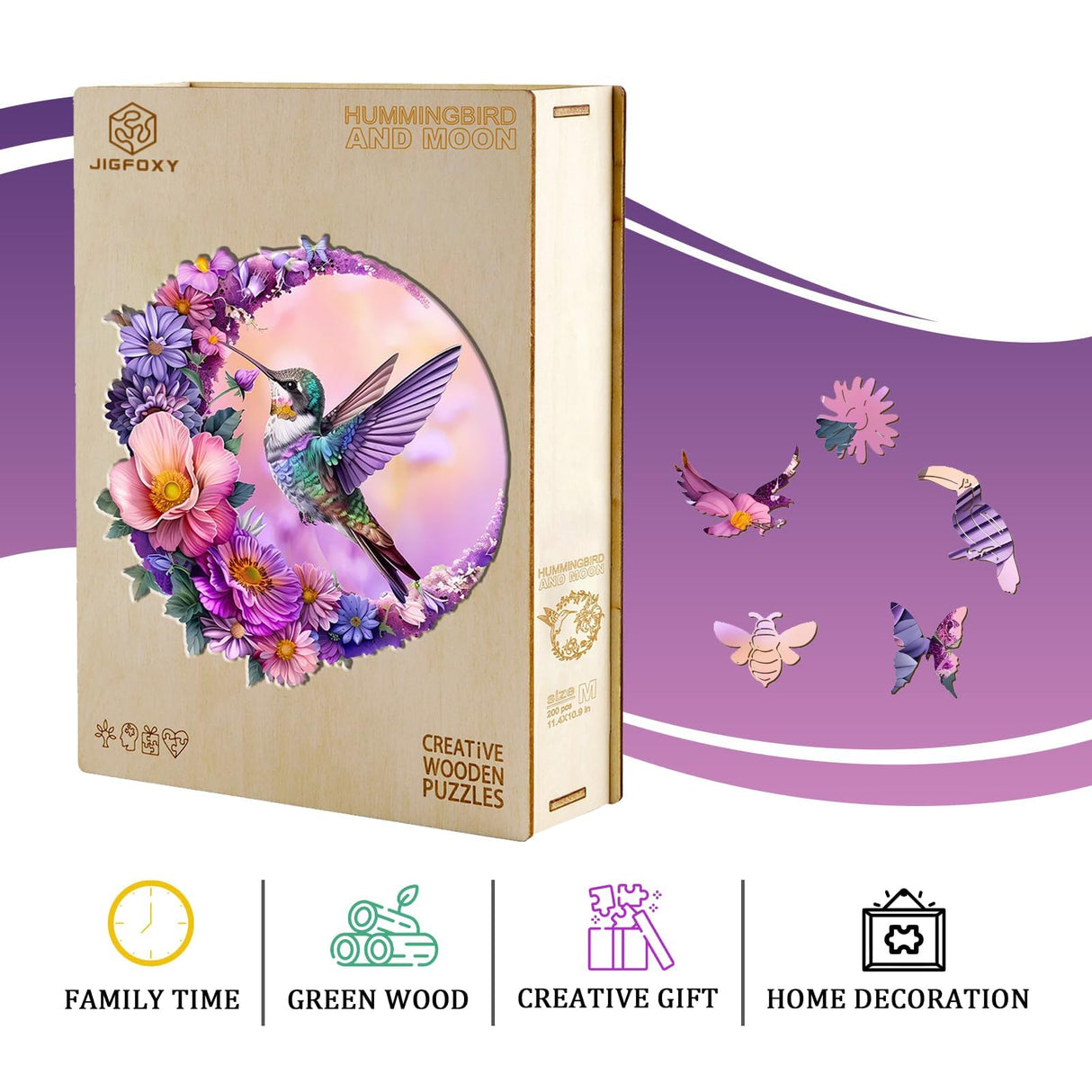 Jigfoxy Wooden Puzzles for Adults, Hummingbird Wood Puzzles Adult, Unique Animal Shape Wooden Jigsaw Puzzles for Adults, Birthday Gifts for Puzzle Lovers, Family, Friend (M-11.4 * 10.9in-200 pcs) Jigfoxy