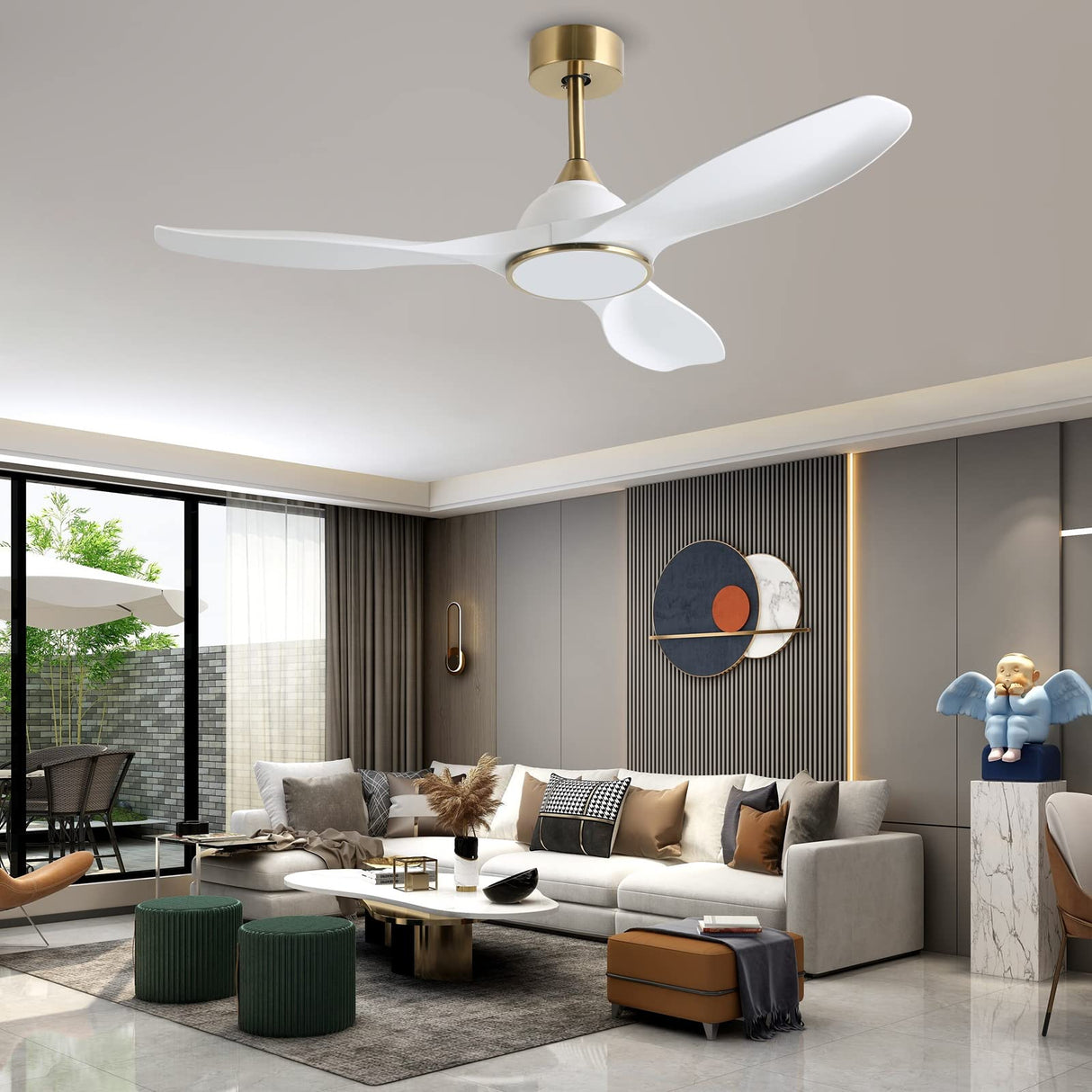 Fanliving 52 Inch 6 Speed High CFM Quiet DC Motor Modern Ceiling Fan with Lights Remote Control, 3 Blade White Gold Indoor Bedroom Living Room Ceiling Fan Fanliving