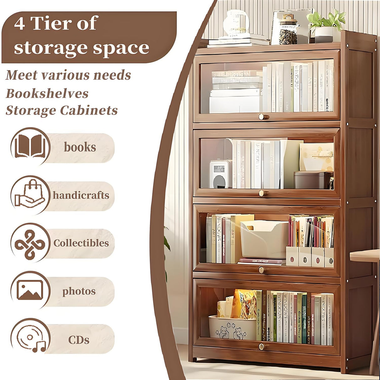 qeknxks 55" Bamboo Bookcases,Book Shelfs with Acrylic Doors,Freestanding Display Storage Shelves for Collectibles,4 Tier Tall Bookshelfs & Bookcases for Living Room Bedroom Home Office qeknxks