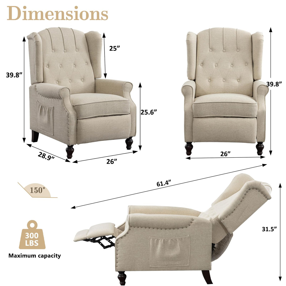 SENIFIS Pushback Recliner Chair, Linen Elizabeth Tufted Armchair Accent Chair with Massage &Heat, Mid Century Modern Wingback Single Sofa Chairs for Living Room, Small Space, Home Theater (White) SENIFIS