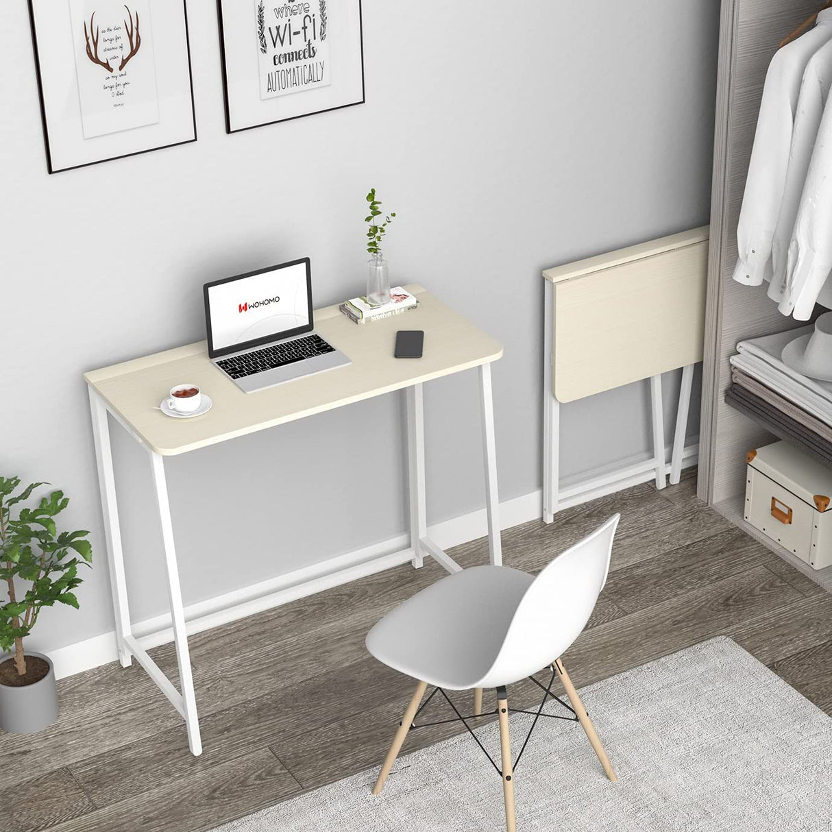 WOHOMO Folding Desk, Small Foldable Desk 31.5" for Small Spaces, Space Saving Computer Table Writing Workstation for Home Office, Easy Assembly, Oak WOHOMO