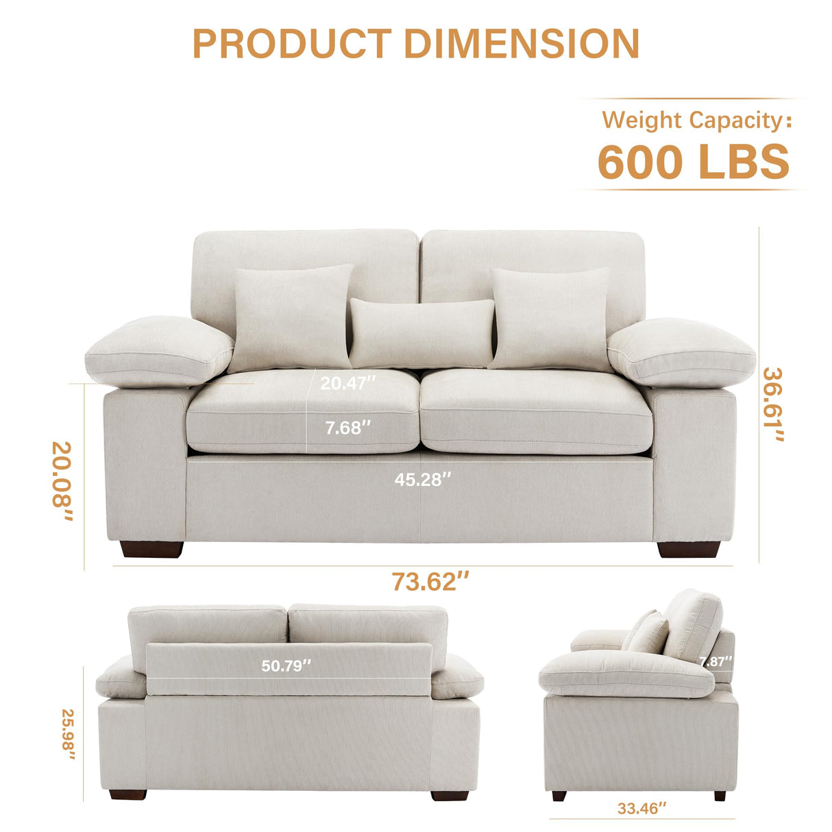 COLAMY Loveseat Sofa,73" Love Seat Couches Living Room Sofa with 3 Pillows, Upholstered Modern Chenille Seat Cushions,Beige COLAMY