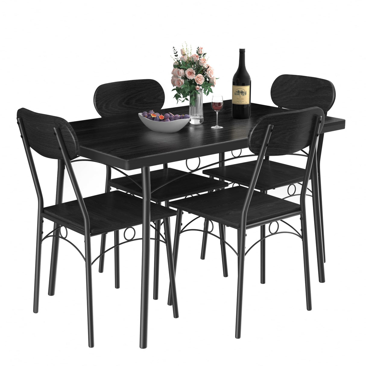 VECELO Dining Table Set for 4, 5 Piece Dinette with Chairs for Kitchen, Breakfast Nook and Small Space, Black VECELO