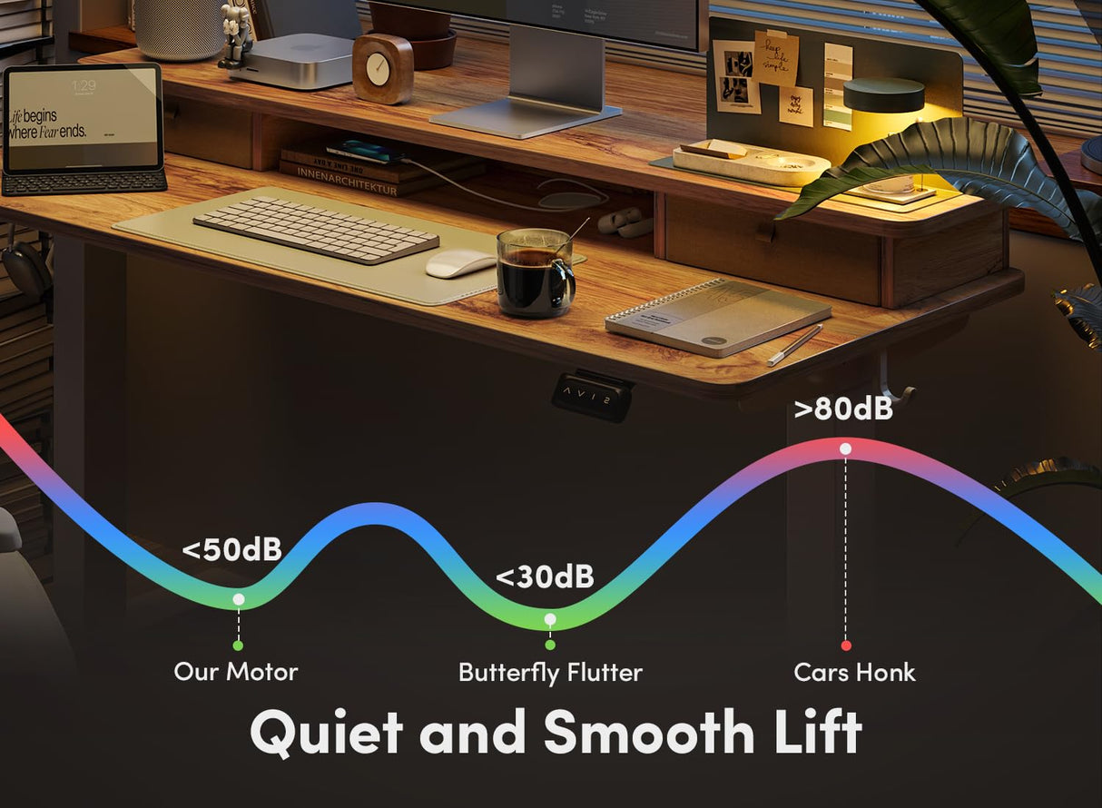 FEZIBO 48 x 24 Inch Height Adjustable Electric Standing Desk with Double Drawer, Stand Up Desk with Storage Shelf, Sit Stand Desk, Light Wood FEZIBO