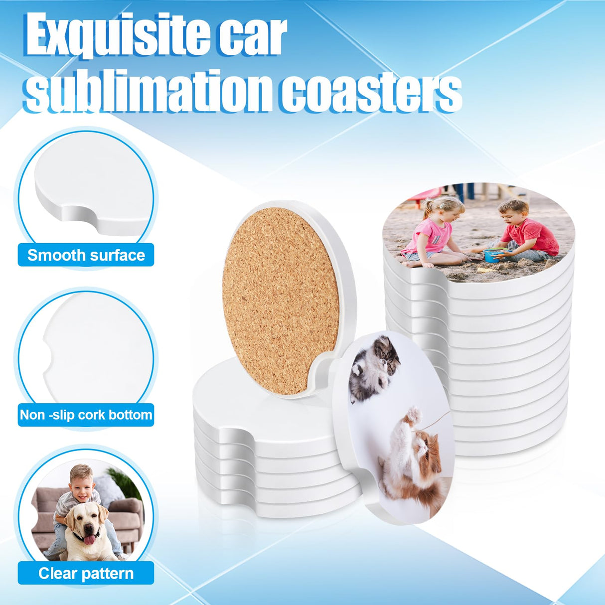 Guiqulai 48PCS Ceramic Car Sublimation Blanks Cupholders,Absorbent Ceramic Sublimation Coasters Blanks with Finger Notch,2.6'' Ceramic Stone Car Cup Coasters with Cork Back for Keeping Drink Spill Guiqulai