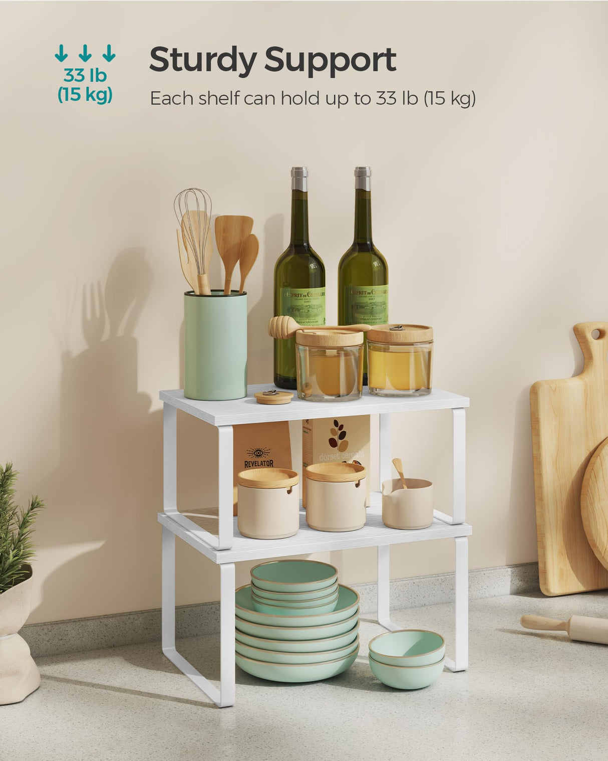 SONGMICS Cabinet Organizer Shelf, Set of 4 Kitchen Counter Shelves, Kitchen Storage, Spice Rack, Stackable, Expandable, Metal and Engineered Wood, Cloud White and Snow White UKCS027W01 SONGMICS