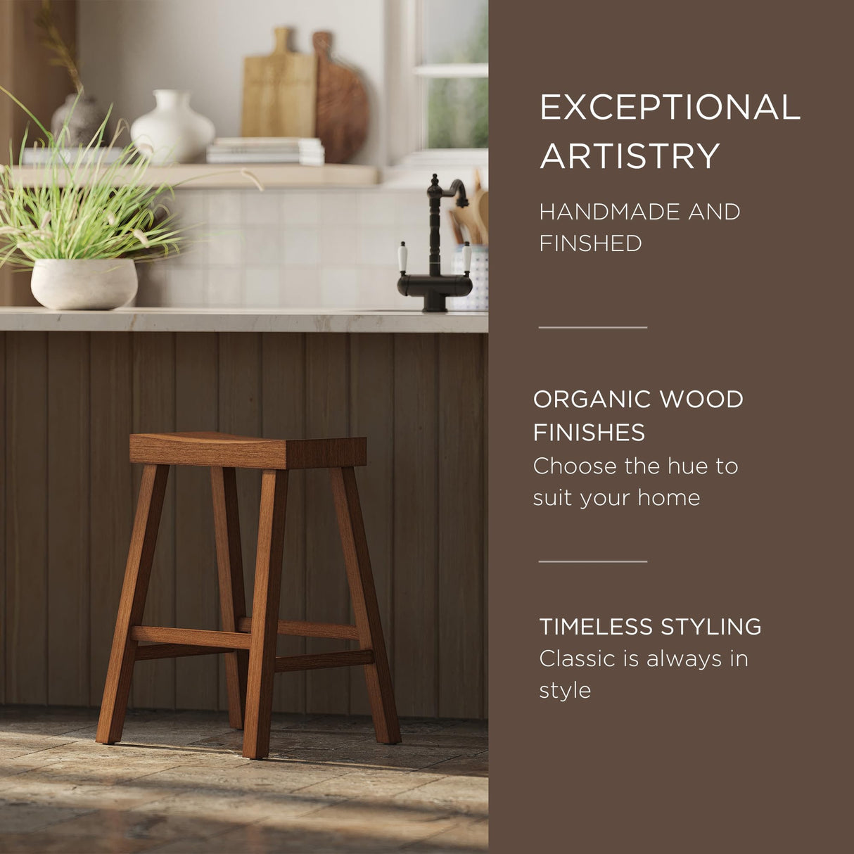 Maven Lane Vincent 26 Inch Tall Counter Height Backless Rectangular Saddle Barstool in Antiqued Natural Finish with Rustic Wood Top Seat Maven Lane