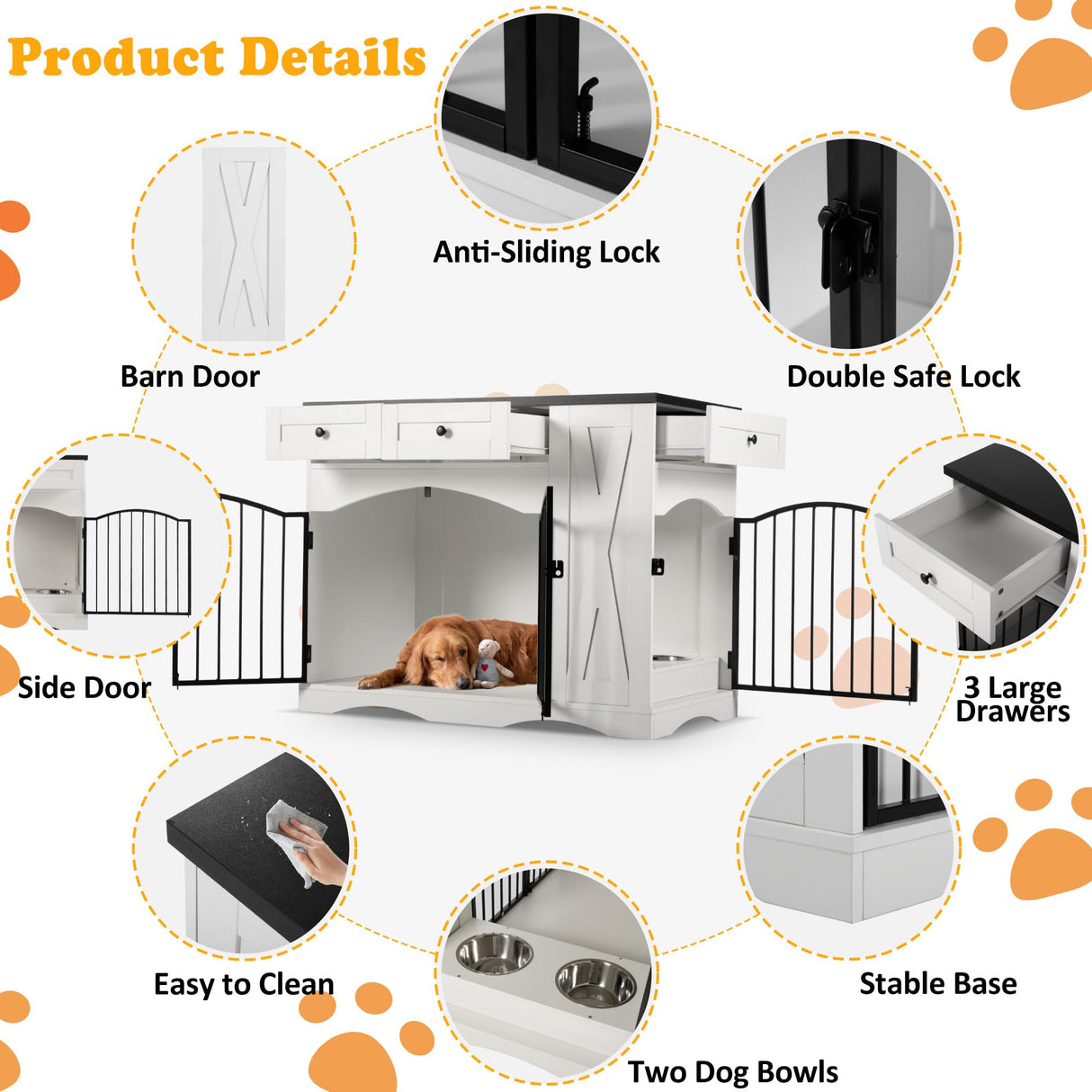 43.3" Farmhouse Dog Crate Furniture - Heavy Duty Indoor Wooden Kennel with 3 Drawers, Removable Feeder & End Table Design for Medium/Large Dogs (Black&White) MoBtovs