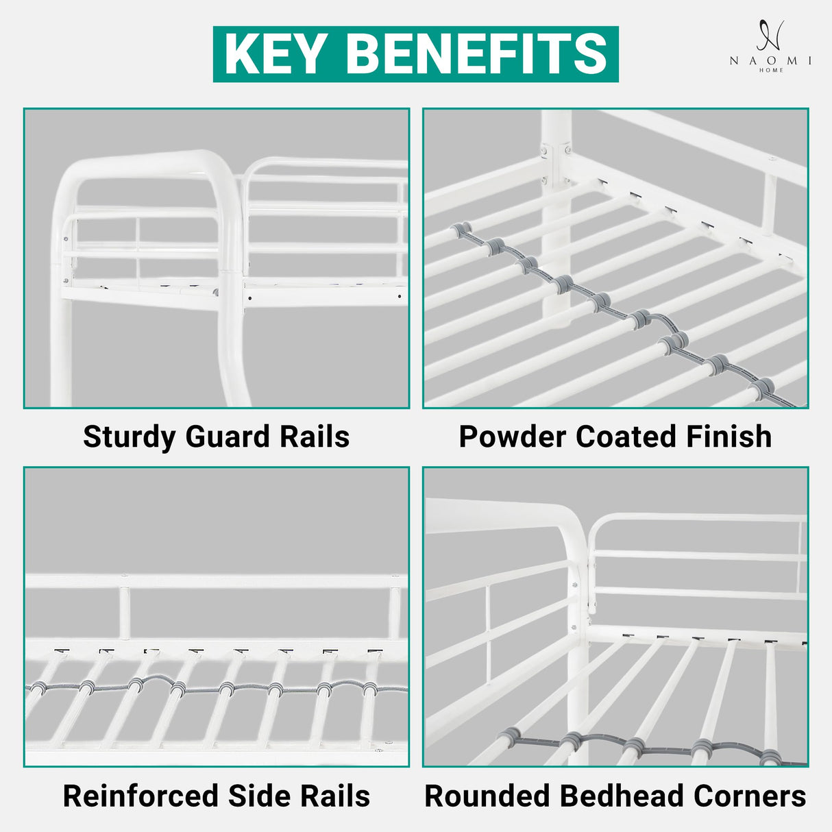 Hollywood Bunk Beds Twin Over Full Size, Heavy Duty Metal Bunk Bed with Safety Guardrails, Angled Ladder, Underbed Storage, 800LBs capacity - for Kids and Teens, Twin over Full Bunk Bed, White Naomi Home