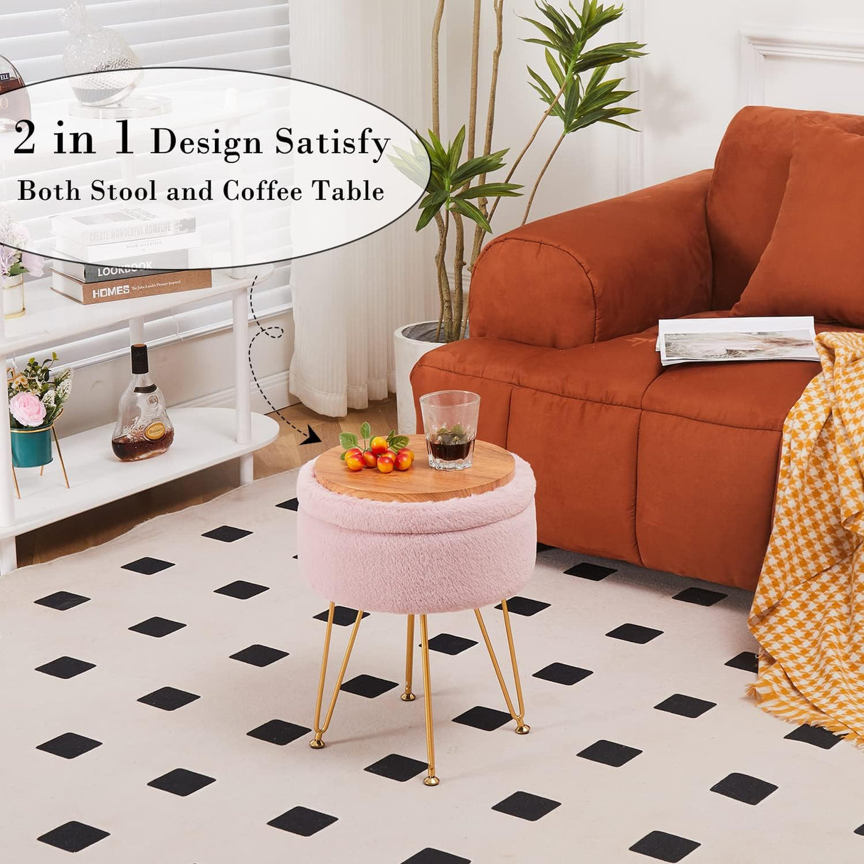 Cplxroc Ottomans Round Faux Fur Ottoman with Storage Footstools Vanity Chair Coffee Table Ottoman for Living Room (Pink) Cplxroc