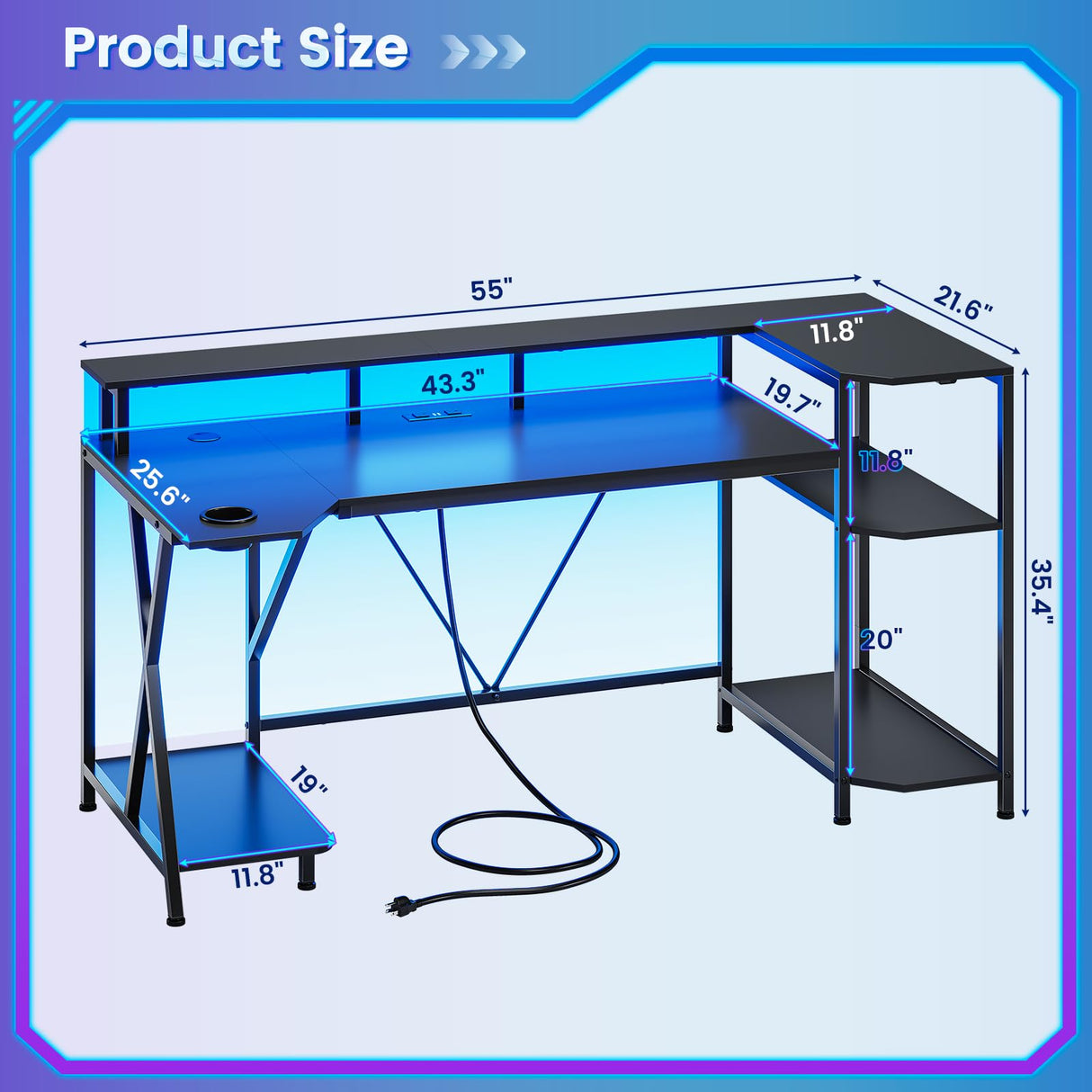 SEDETA Gaming Desk 55'' with LED Lights and Storage Shelves, Computer Desk with Monitor Stand, Power Outlets and Cup Holder, Large PC Gamer Desk, Gaming Table for Bedroom, Living Room, Black SEDETA