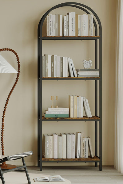 Kogven Bookshelf Arched Bookcase, Industrial Curved Metal Book Shelves, 72" Tall Freestanding Open Storage Shelf Display Rack for Living Room Home Office, Rustic Brown, 4-Tier