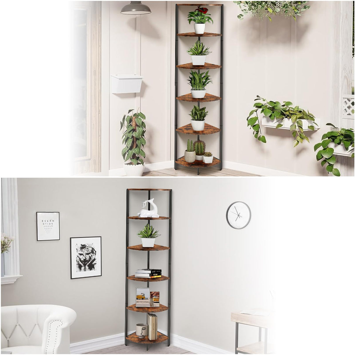 IRCPEN 6 Tier Corner Shelf, Industrial 63.1" Tall Ladder Corner Storage Shelf with Adjustable Feet,Rustic Display Rack Multipurpose Bookshelf Bookcase,Plant Stand for Living Room, Bedroom (Brown) IRCPEN