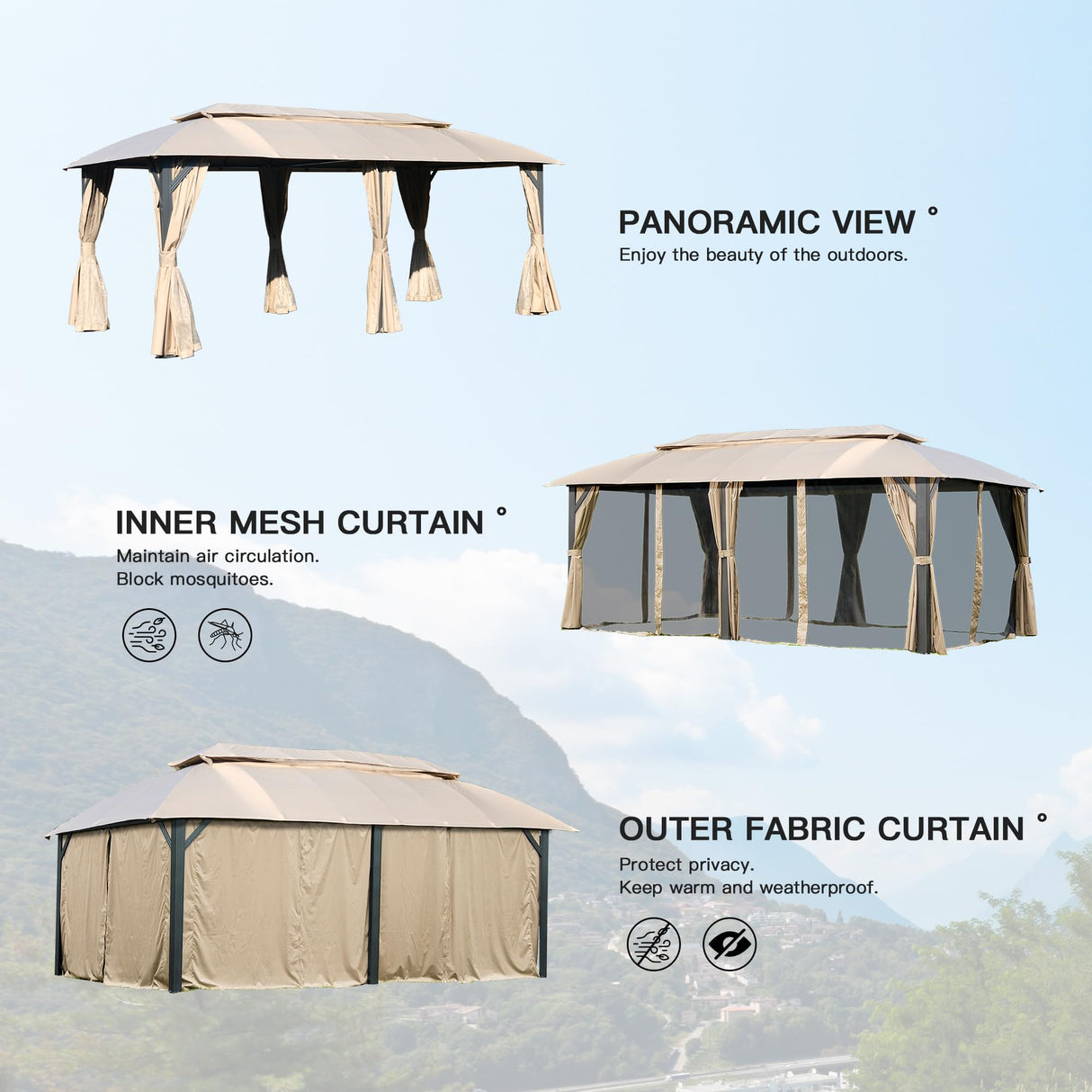 Domi Gazebo 10x20FT, Outdoor Gazebo with Double Roofs, Privacy Curtains, Mosquito Nettings, Heavy Duty Metal Frame Party Tent Canopy for Patio, Backyard, Deck, Lawn, Brown domi outdoor living