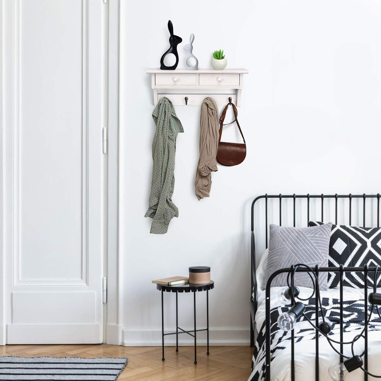 Emfogo Coat Hooks Wall Mounted, Rustic Wood Coat Rack Wall Mount Shelf with Hooks, Farmhouse Wall Coat Rack with Shelf & Coat Hook for Entryway, Mudroom, Bedroom, Kitchen, Bathroom (White) Emfogo