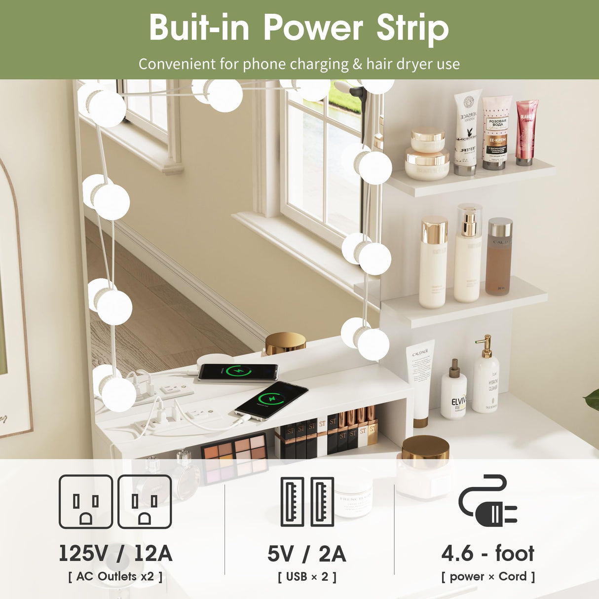 Vabches Makeup Vanity Table with Lighted Mirror & Power Strip, White Vanity Set, Lots Storage, 3 Lighting Modes, Brightness Adjustable, 31.5 * 15.75 * 57.7in, White Vabches