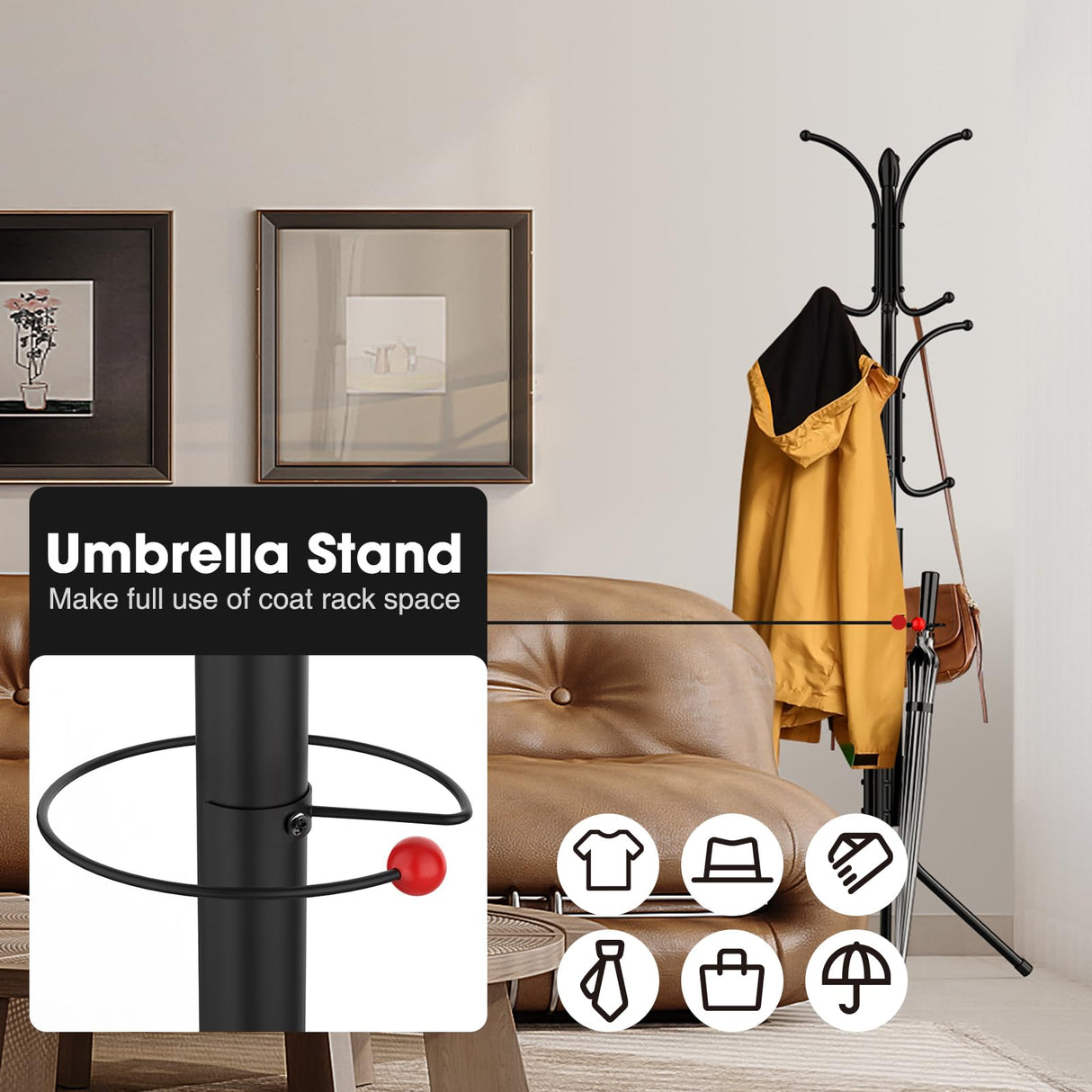 Ulimart Coat Rack Freestanding,12 Hooks Metal Coat Racks with Umbrella Holder,Sturdy Hall Rree,Easy Assembly Coat Rack Stand for Hanging Scarf,Purse,Hats,Jacket(Black) Ulimart