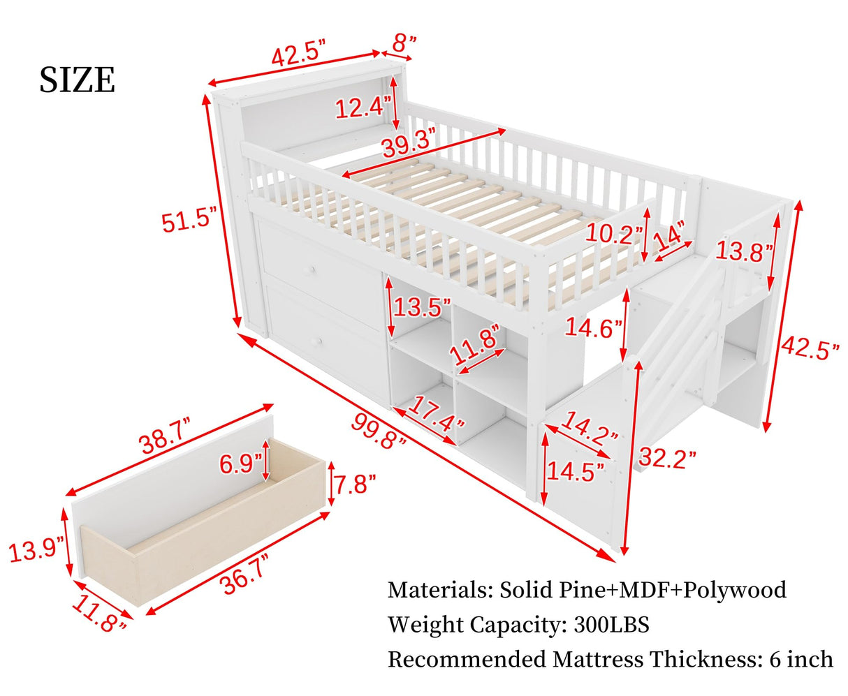 KEIKI Twin Low Loft Bed Frames for Kids with LED, Storage Drawers and Shelves, Solid Pine Wood Platform with Guardrails & Staircase, White KEIKI