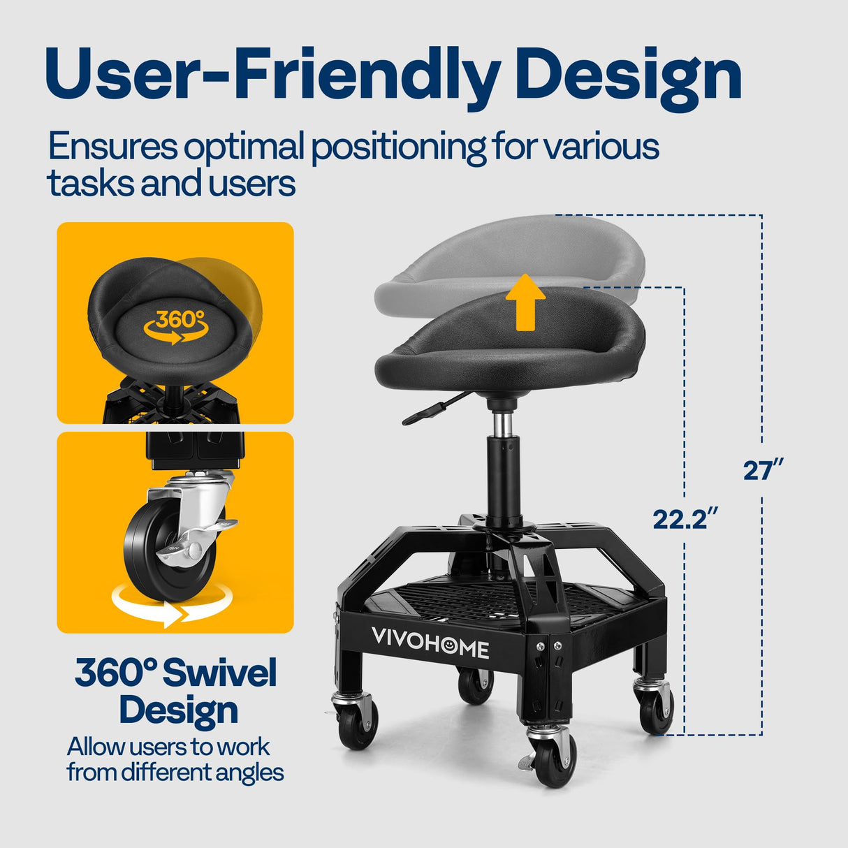 VIVOHOME Rolling Shop Stool Adjustable Height 360 Degree Swivel Stool with Tool Tray Storage and Wheels for Garage, Workshop, 300 LBS Capacity VIVOHOME