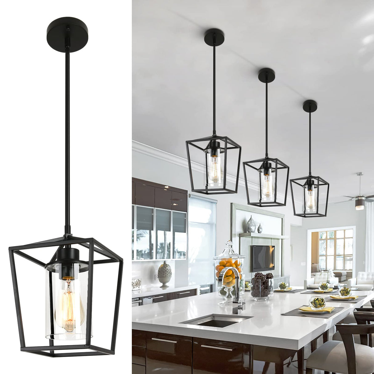 1-Light Black Pendant Light Fixture Farmhouse Iron Cage Metal Pendant Light Lantern Hanging Light Fixtures with Clear Glass Shade for Kitchen Island, Entryway, Dining Room, Hallway 5.9*5.9*8.27IN GZJunYo