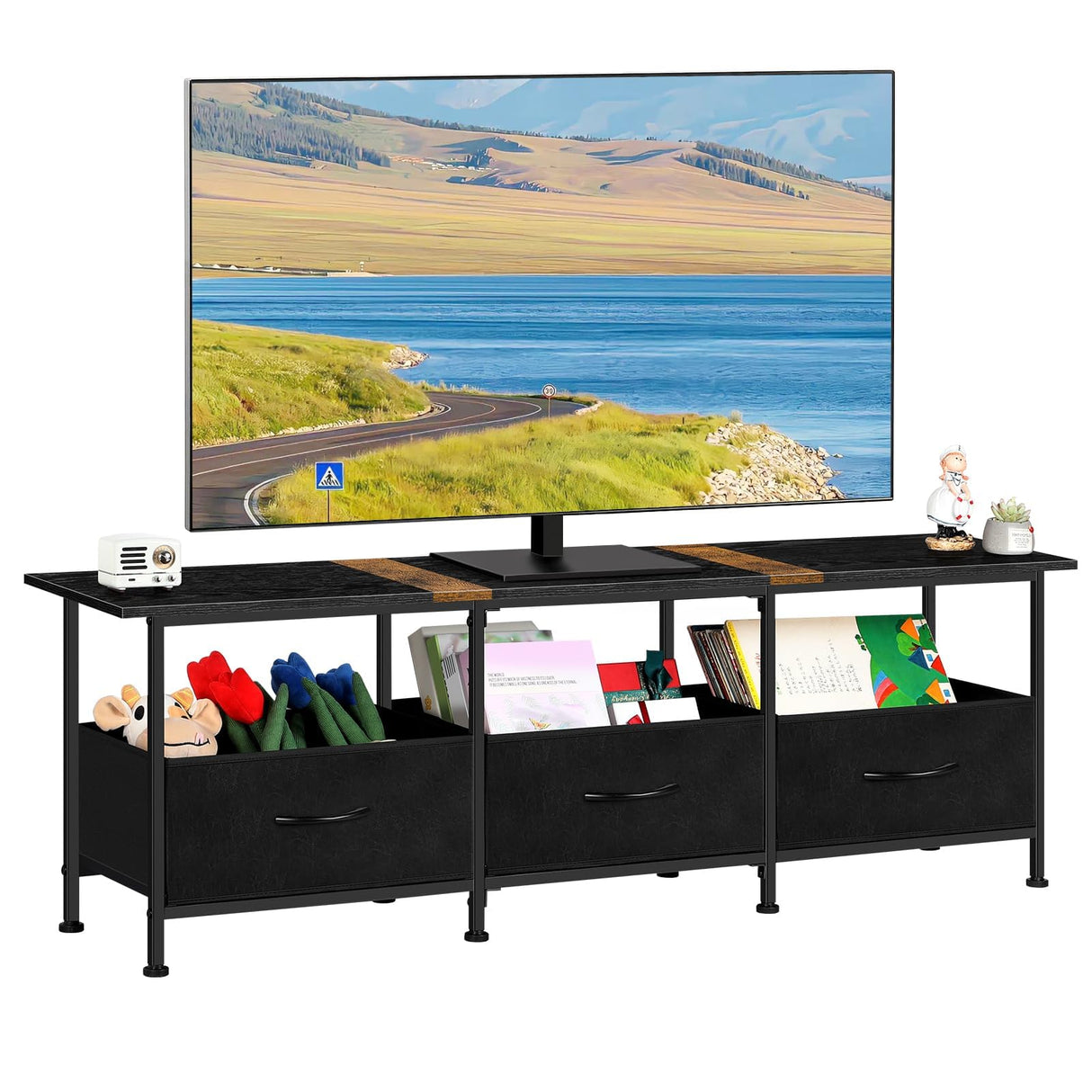 CADUKE Black TV Stand for 55 inch TV, Farmhouse Entertainment Center with 3 Fabric Drawers, Industrial TV Console Table for Bedroom, Living Room CADUKE