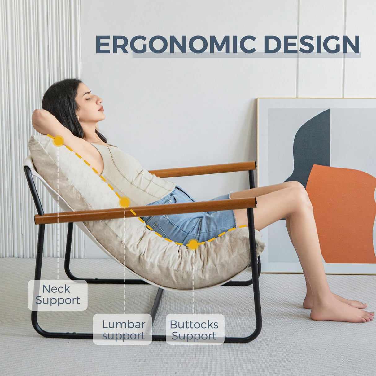 MAXYOYO Accent Chair, Velvet Arm Chair Living Room Chair with Metal Frame, Reading Accent Chair, Modern Bedroom Chair, Boucle Armchair with Wooden Arms, Beige MAXYOYO