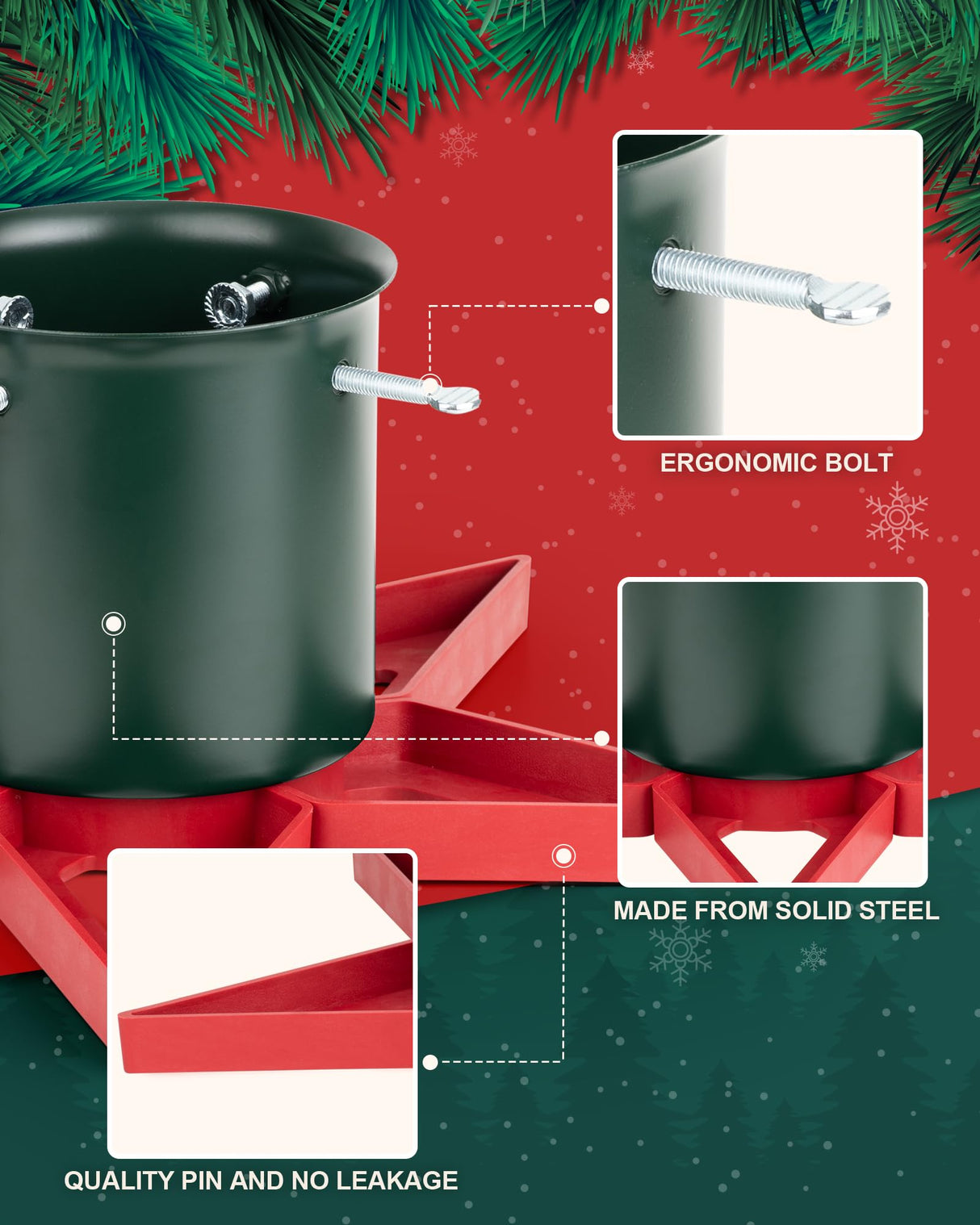 GuuG Real Christmas Tree Stand Base - Live Trees Small Christmas Tree Holder up to 6.5ft Trees for Real Xmas Trees 0.53 Gal Star+ Green&Red GuuG