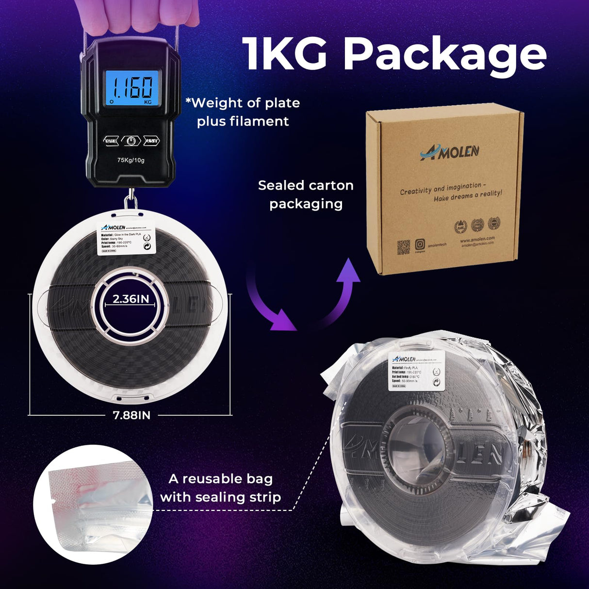 AMOLEN Glow in The Dark Filament, 1.75mm 3D Printer PLA Filament, Dimensional Accuracy +/- 0.02 mm, 1KG/2.2lb, Fit Most FDM Printer, Firefly Blue AMOLEN