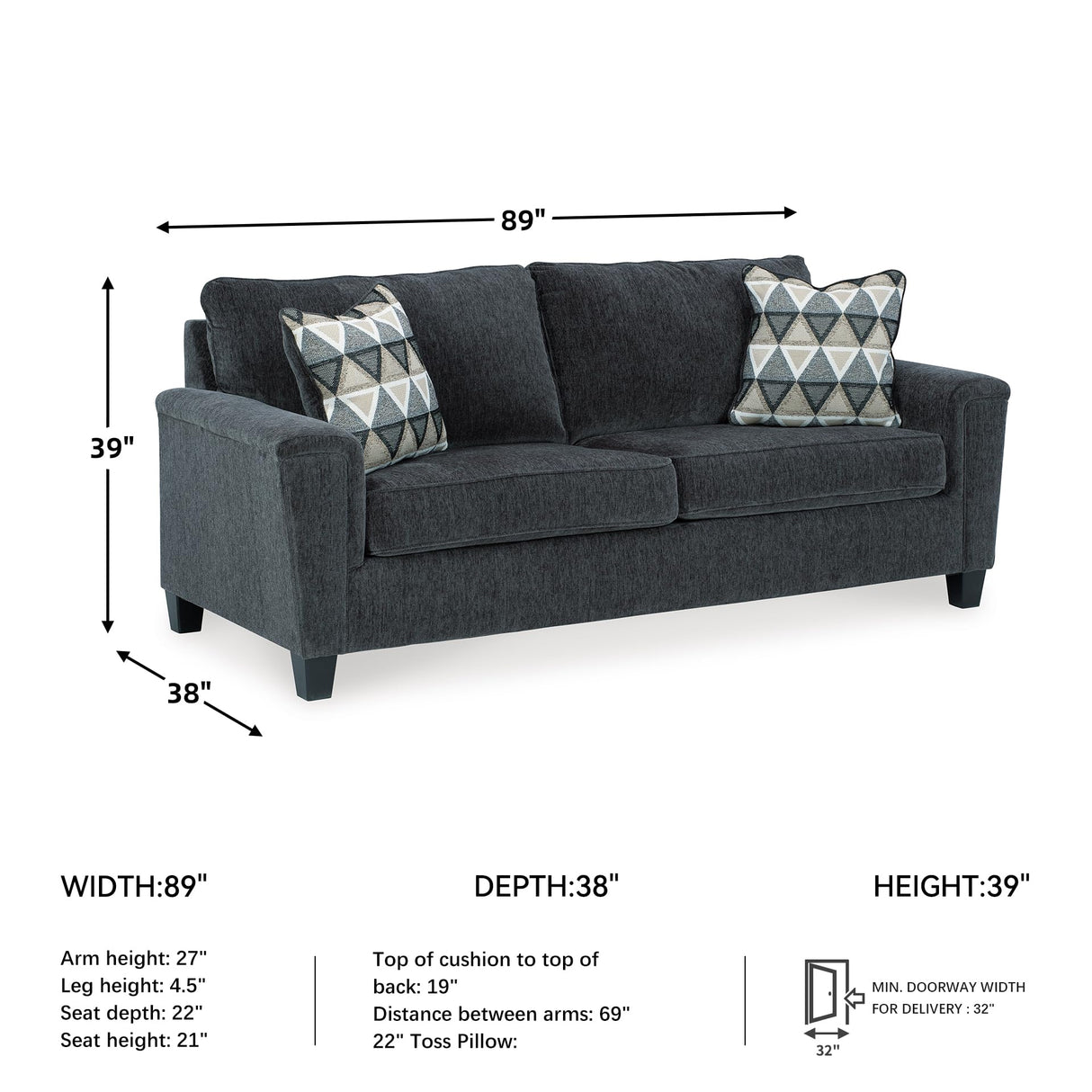 Signature Design by Ashley Abinger Chenille Contemporary Sofa with 2 Accent Pillows, Dark Gray Signature Design by Ashley